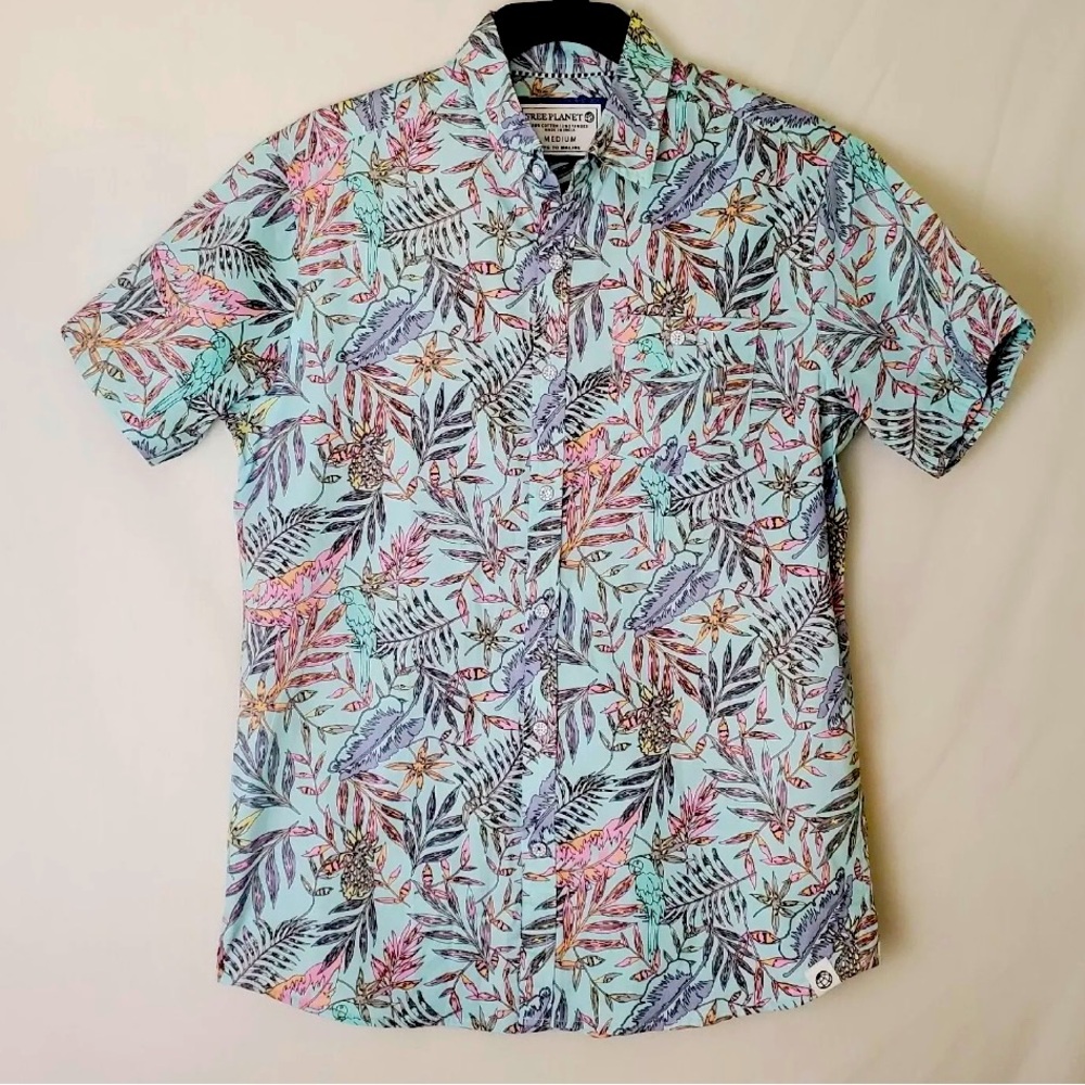 Free Planet Men Button Up Shirt Size M Floral Hawaiian Parrot Pocket Collar